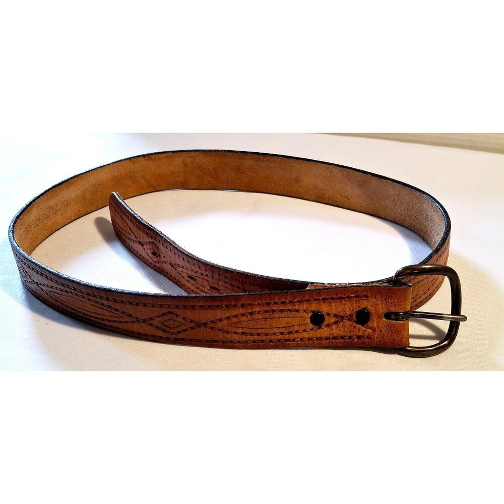 Vintage Brown Embossed Leather Belt With Brass Buckle 41 Inches Long